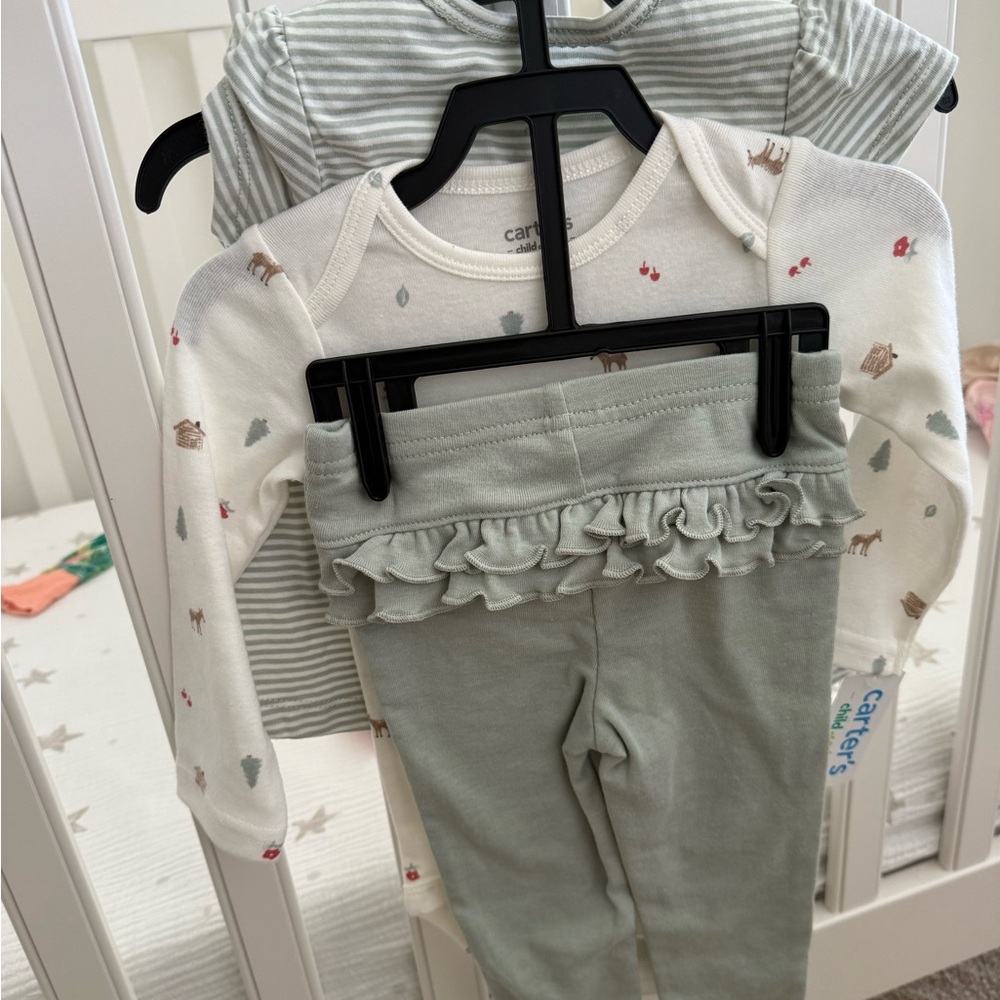 Carter's Sage Green Ruffle Leggings & Woodland Print Onesie Set